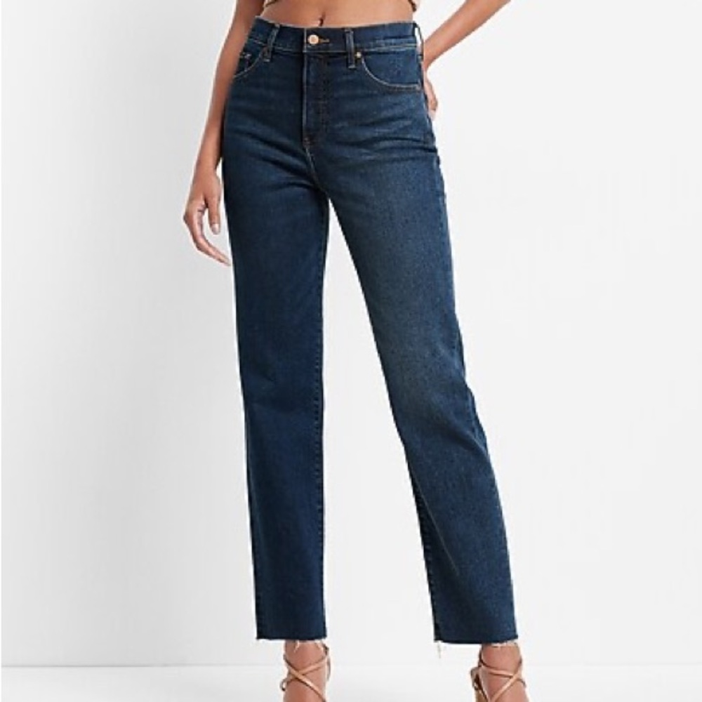 Express High Waisted Dark Wash Raw Hem Straight Jeans